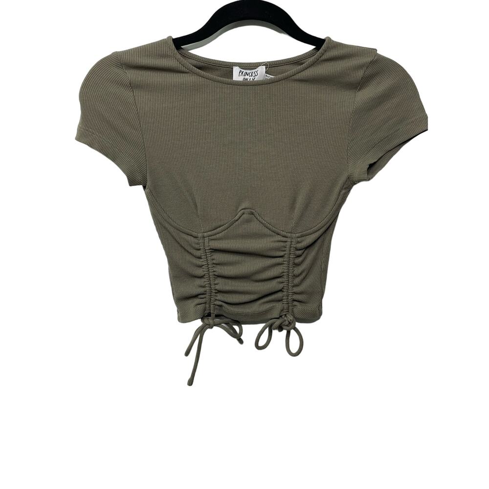 Princess‎ Polly Knit Ruched Short Sleeve Cropped Top Olive Green Grunge Goth 0